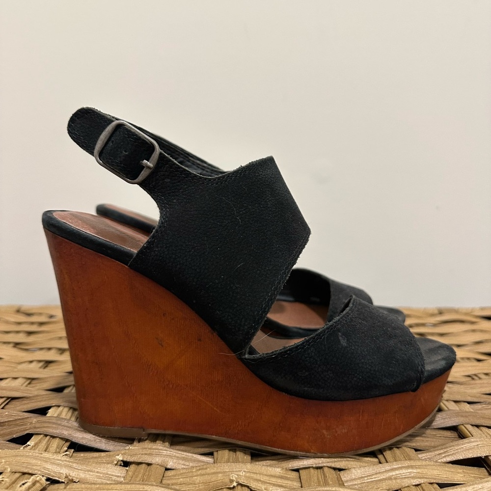 Lucky Brand Black Suede Wedge Sandals with Wood-Tone Platform
